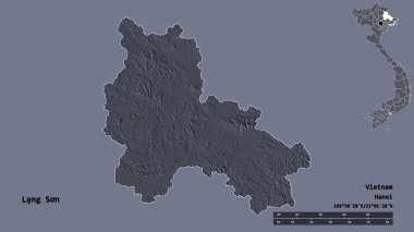 Lang Son 'un şekli, Vietnam vilayeti, başkenti sağlam arka planda izole edilmiş. Uzaklık ölçeği, bölge önizlemesi ve etiketleri. Renkli yükseklik haritası. 3B görüntüleme