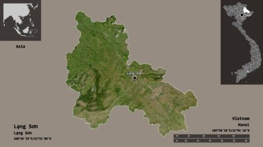 Lang Son, Vietnam vilayeti ve başkenti. Uzaklık ölçeği, ön gösterimler ve etiketler. Uydu görüntüleri. 3B görüntüleme