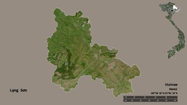 Lang Son 'un şekli, Vietnam vilayeti, başkenti sağlam arka planda izole edilmiş. Uzaklık ölçeği, bölge önizlemesi ve etiketleri. Uydu görüntüleri. 3B görüntüleme