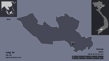 Long An, Vietnam vilayeti ve başkenti. Uzaklık ölçeği, ön gösterimler ve etiketler. Renkli yükseklik haritası. 3B görüntüleme