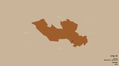 Long An bölgesi, Vietnam vilayeti, jeoreferatlı bir sınır kutusunda sağlam bir arka planda izole edilmiş. Etiketler. Desenli dokuların bileşimi. 3B görüntüleme