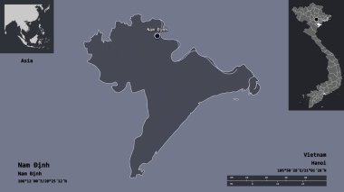 Vietnam vilayeti, Vietnam vilayeti ve başkenti. Uzaklık ölçeği, ön gösterimler ve etiketler. Renkli yükseklik haritası. 3B görüntüleme