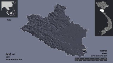 Vietnam vilayeti Nghe An ve başkenti. Uzaklık ölçeği, ön gösterimler ve etiketler. Renkli yükseklik haritası. 3B görüntüleme