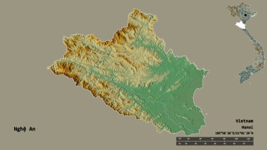 Vietnam 'ın Nghe An eyaleti, başkenti sağlam arka planda izole edilmiştir. Uzaklık ölçeği, bölge önizlemesi ve etiketleri. Topografik yardım haritası. 3B görüntüleme