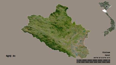 Vietnam 'ın Nghe An eyaleti, başkenti sağlam arka planda izole edilmiştir. Uzaklık ölçeği, bölge önizlemesi ve etiketleri. Uydu görüntüleri. 3B görüntüleme