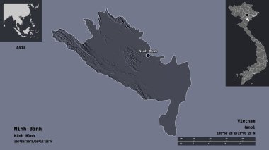 Ninh Binh 'in şekli, Vietnam vilayeti ve başkenti. Uzaklık ölçeği, ön gösterimler ve etiketler. Renkli yükseklik haritası. 3B görüntüleme
