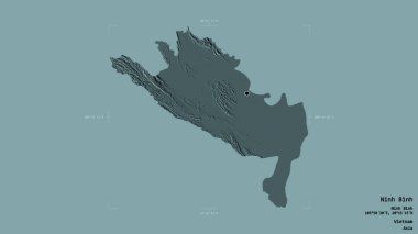 Ninh Binh bölgesi, Vietnam vilayeti, jeoreferatlı bir sınır kutusunda sağlam bir arka planda izole edilmiş. Etiketler. Renkli yükseklik haritası. 3B görüntüleme