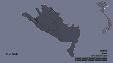Ninh Binh 'in şekli, Vietnam vilayeti, başkenti sağlam arka planda izole edilmiş. Uzaklık ölçeği, bölge önizlemesi ve etiketleri. Renkli yükseklik haritası. 3B görüntüleme