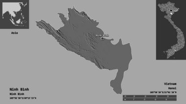 Ninh Binh 'in şekli, Vietnam vilayeti ve başkenti. Uzaklık ölçeği, ön gösterimler ve etiketler. Çift seviyeli yükseklik haritası. 3B görüntüleme