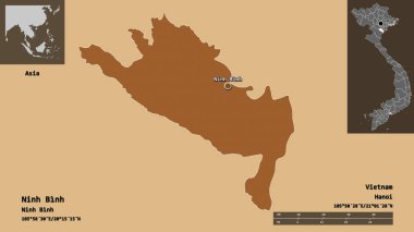 Ninh Binh 'in şekli, Vietnam vilayeti ve başkenti. Uzaklık ölçeği, ön gösterimler ve etiketler. Desenli dokuların bileşimi. 3B görüntüleme