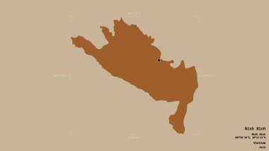 Ninh Binh bölgesi, Vietnam vilayeti, jeoreferatlı bir sınır kutusunda sağlam bir arka planda izole edilmiş. Etiketler. Desenli dokuların bileşimi. 3B görüntüleme