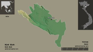 Ninh Binh 'in şekli, Vietnam vilayeti ve başkenti. Uzaklık ölçeği, ön gösterimler ve etiketler. Topografik yardım haritası. 3B görüntüleme