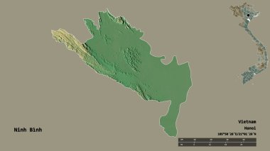 Ninh Binh 'in şekli, Vietnam vilayeti, başkenti sağlam arka planda izole edilmiş. Uzaklık ölçeği, bölge önizlemesi ve etiketleri. Topografik yardım haritası. 3B görüntüleme