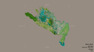 Ninh Binh bölgesi, Vietnam vilayeti, jeoreferatlı bir sınır kutusunda sağlam bir arka planda izole edilmiş. Etiketler. Uydu görüntüleri. 3B görüntüleme