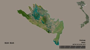 Ninh Binh 'in şekli, Vietnam vilayeti, başkenti sağlam arka planda izole edilmiş. Uzaklık ölçeği, bölge önizlemesi ve etiketleri. Uydu görüntüleri. 3B görüntüleme