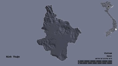 Ninh Thuan 'ın şekli, Vietnam vilayeti, başkenti sağlam arka planda izole edilmiş. Uzaklık ölçeği, bölge önizlemesi ve etiketleri. Renkli yükseklik haritası. 3B görüntüleme