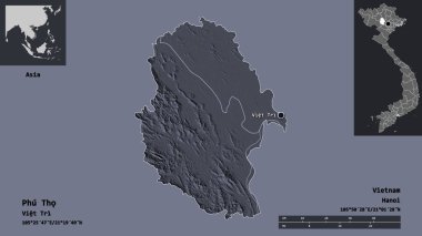 Phu Tho 'nun şekli, Vietnam vilayeti ve başkenti. Uzaklık ölçeği, ön gösterimler ve etiketler. Renkli yükseklik haritası. 3B görüntüleme