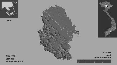 Phu Tho 'nun şekli, Vietnam vilayeti ve başkenti. Uzaklık ölçeği, ön gösterimler ve etiketler. Çift seviyeli yükseklik haritası. 3B görüntüleme