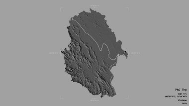 Phu Tho bölgesi, Vietnam vilayeti, jeoreferatlı bir sınır kutusunda sağlam bir arka planda izole. Etiketler. Çift seviyeli yükseklik haritası. 3B görüntüleme