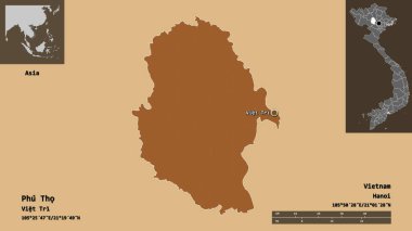 Phu Tho 'nun şekli, Vietnam vilayeti ve başkenti. Uzaklık ölçeği, ön gösterimler ve etiketler. Desenli dokuların bileşimi. 3B görüntüleme