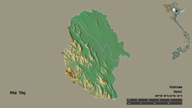 Vietnam vilayeti Phu Tho 'nun şekli, başkenti sağlam arka planda izole edilmiş. Uzaklık ölçeği, bölge önizlemesi ve etiketleri. Topografik yardım haritası. 3B görüntüleme