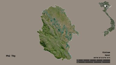 Vietnam vilayeti Phu Tho 'nun şekli, başkenti sağlam arka planda izole edilmiş. Uzaklık ölçeği, bölge önizlemesi ve etiketleri. Uydu görüntüleri. 3B görüntüleme