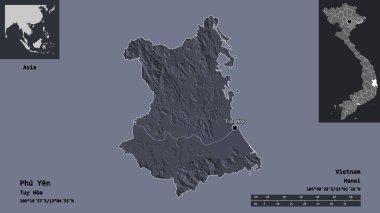 Phu Yen, Vietnam vilayeti ve başkenti. Uzaklık ölçeği, ön gösterimler ve etiketler. Renkli yükseklik haritası. 3B görüntüleme