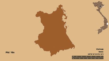 Phu Yen, Vietnam vilayeti, başkenti sağlam arka planda izole edilmiş. Uzaklık ölçeği, bölge önizlemesi ve etiketleri. Desenli dokuların bileşimi. 3B görüntüleme