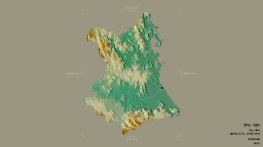 Phu Yen bölgesi, Vietnam vilayeti, jeoreferatlı bir sınır kutusunda sağlam bir arka planda izole edilmiş. Etiketler. Topografik yardım haritası. 3B görüntüleme