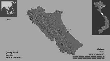 Quang Binh 'in şekli, Vietnam vilayeti ve başkenti. Uzaklık ölçeği, ön gösterimler ve etiketler. Çift seviyeli yükseklik haritası. 3B görüntüleme