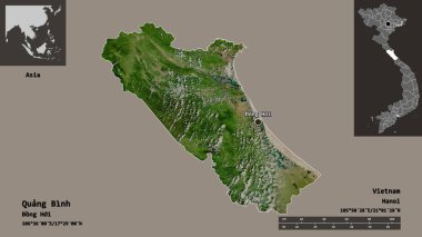 Quang Binh 'in şekli, Vietnam vilayeti ve başkenti. Uzaklık ölçeği, ön gösterimler ve etiketler. Uydu görüntüleri. 3B görüntüleme