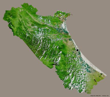 Quang Binh 'in şekli, Vietnam vilayeti, başkenti katı bir renk arkaplanı ile izole edilmiş. Uydu görüntüleri. 3B görüntüleme