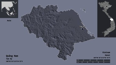 Quang Nam 'ın şekli, Vietnam vilayeti ve başkenti. Uzaklık ölçeği, ön gösterimler ve etiketler. Renkli yükseklik haritası. 3B görüntüleme
