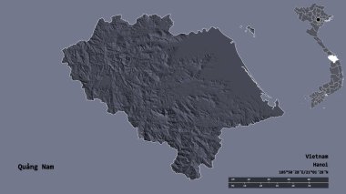 Quang Nam 'ın şekli, Vietnam vilayeti, başkenti sağlam arka planda izole edilmiş. Uzaklık ölçeği, bölge önizlemesi ve etiketleri. Renkli yükseklik haritası. 3B görüntüleme