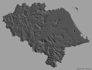 Quang Nam 'ın şekli, Vietnam vilayeti, başkenti katı bir renk arkaplanı ile izole edilmiş. Çift seviyeli yükseklik haritası. 3B görüntüleme