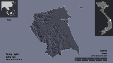 Quang Ngai 'nin şekli, Vietnam vilayeti ve başkenti. Uzaklık ölçeği, ön gösterimler ve etiketler. Renkli yükseklik haritası. 3B görüntüleme