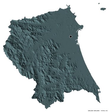 Beyaz arka planda başkenti izole edilmiş olan Quang Ngai, Vietnam eyaleti. Renkli yükseklik haritası. 3B görüntüleme