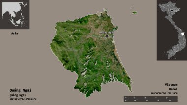Quang Ngai 'nin şekli, Vietnam vilayeti ve başkenti. Uzaklık ölçeği, ön gösterimler ve etiketler. Uydu görüntüleri. 3B görüntüleme