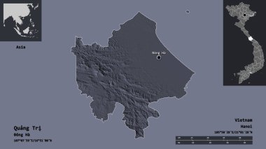 Quang Tri 'nin şekli, Vietnam vilayeti ve başkenti. Uzaklık ölçeği, ön gösterimler ve etiketler. Renkli yükseklik haritası. 3B görüntüleme