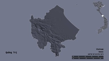 Quang Tri 'nin şekli, Vietnam vilayeti, başkenti sağlam arka planda izole edilmiş. Uzaklık ölçeği, bölge önizlemesi ve etiketleri. Renkli yükseklik haritası. 3B görüntüleme