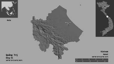 Quang Tri 'nin şekli, Vietnam vilayeti ve başkenti. Uzaklık ölçeği, ön gösterimler ve etiketler. Çift seviyeli yükseklik haritası. 3B görüntüleme