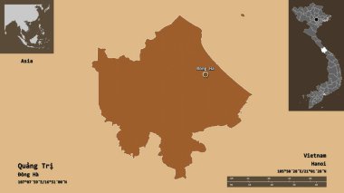 Quang Tri 'nin şekli, Vietnam vilayeti ve başkenti. Uzaklık ölçeği, ön gösterimler ve etiketler. Desenli dokuların bileşimi. 3B görüntüleme