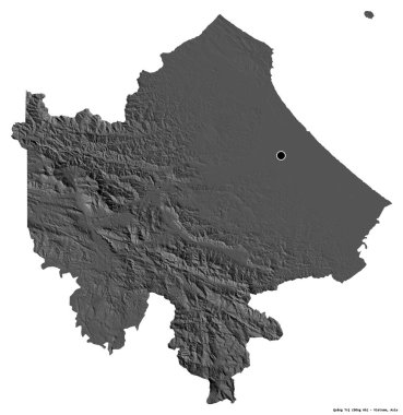Beyaz arka planda başkenti izole edilmiş Quang Tri, Vietnam vilayeti. Çift seviyeli yükseklik haritası. 3B görüntüleme