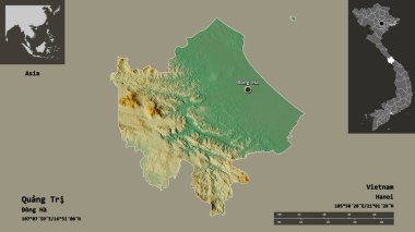 Quang Tri 'nin şekli, Vietnam vilayeti ve başkenti. Uzaklık ölçeği, ön gösterimler ve etiketler. Topografik yardım haritası. 3B görüntüleme