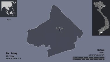 Soc Trang, Vietnam vilayeti ve başkenti. Uzaklık ölçeği, ön gösterimler ve etiketler. Renkli yükseklik haritası. 3B görüntüleme