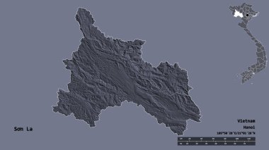 Son La 'nın şekli, Vietnam vilayeti, başkenti sağlam arka planda izole edilmiş. Uzaklık ölçeği, bölge önizlemesi ve etiketleri. Renkli yükseklik haritası. 3B görüntüleme