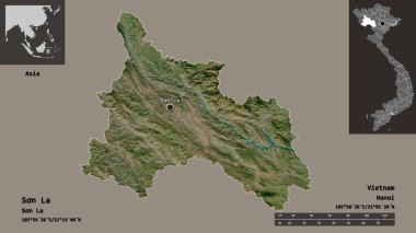 Son La 'nın şekli, Vietnam vilayeti ve başkenti. Uzaklık ölçeği, ön gösterimler ve etiketler. Uydu görüntüleri. 3B görüntüleme