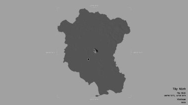 Tay Ninh bölgesi, Vietnam vilayeti, jeoreferatlı bir sınır kutusunda sağlam bir arka planda izole edilmiş. Etiketler. Çift seviyeli yükseklik haritası. 3B görüntüleme