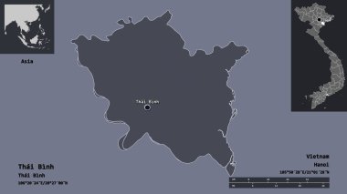 Tayland Binh 'in şekli, Vietnam vilayeti ve başkenti. Uzaklık ölçeği, ön gösterimler ve etiketler. Renkli yükseklik haritası. 3B görüntüleme