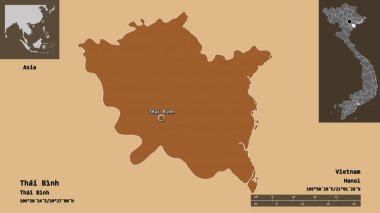 Tayland Binh 'in şekli, Vietnam vilayeti ve başkenti. Uzaklık ölçeği, ön gösterimler ve etiketler. Desenli dokuların bileşimi. 3B görüntüleme